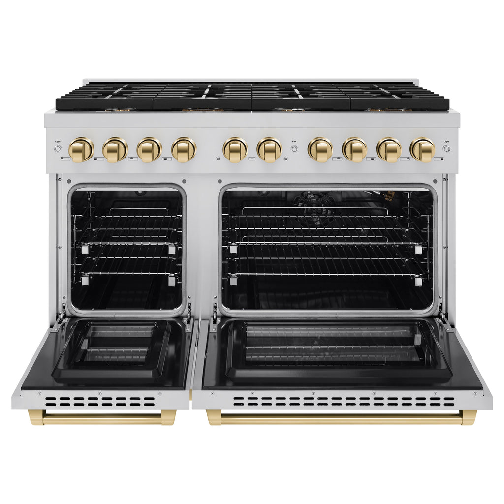 ZLINE Autograph Edition 48 in. 6.7 cu. ft. Paramount Double Oven Gas Range in Stainless Steel with Gold Accents (SGRZ-48-G)
