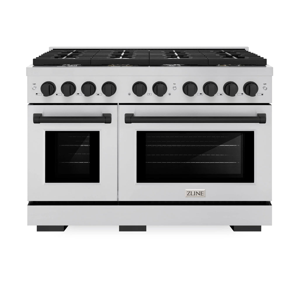 ZLINE Autograph Edition 48 in. 6.7 cu. ft. Paramount Double Oven Gas Range with 8 Burners in Stainless Steel with Matte Black Accents (SGRZ-48-MB)