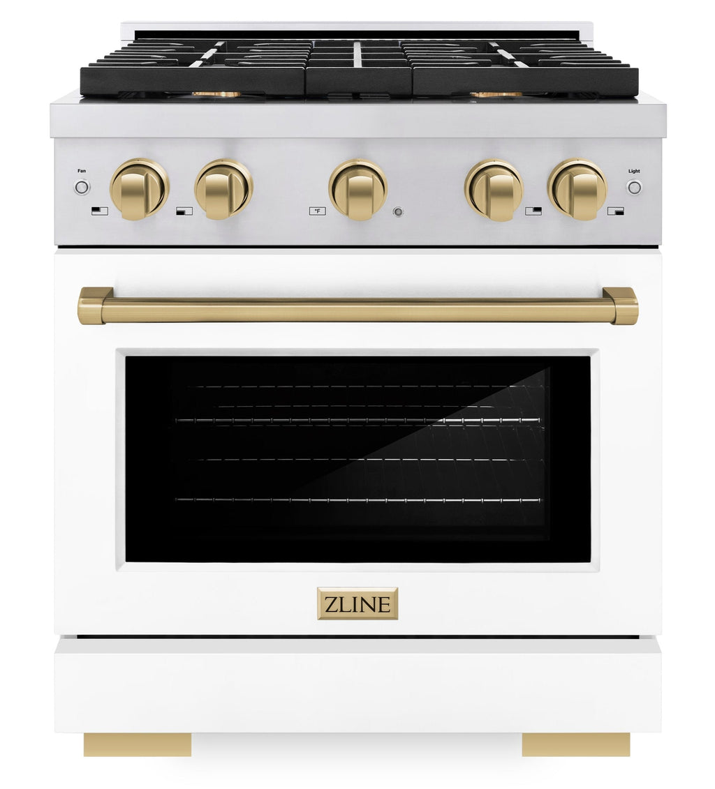 ZLINE Autograph 30 in. Paramount Dual Fuel Range, 4 Burners, 4.2 cu. ft. Electric Convection Oven, White Matte Door with Champagne Bronze Accents, SDRZ-WM-30-CB