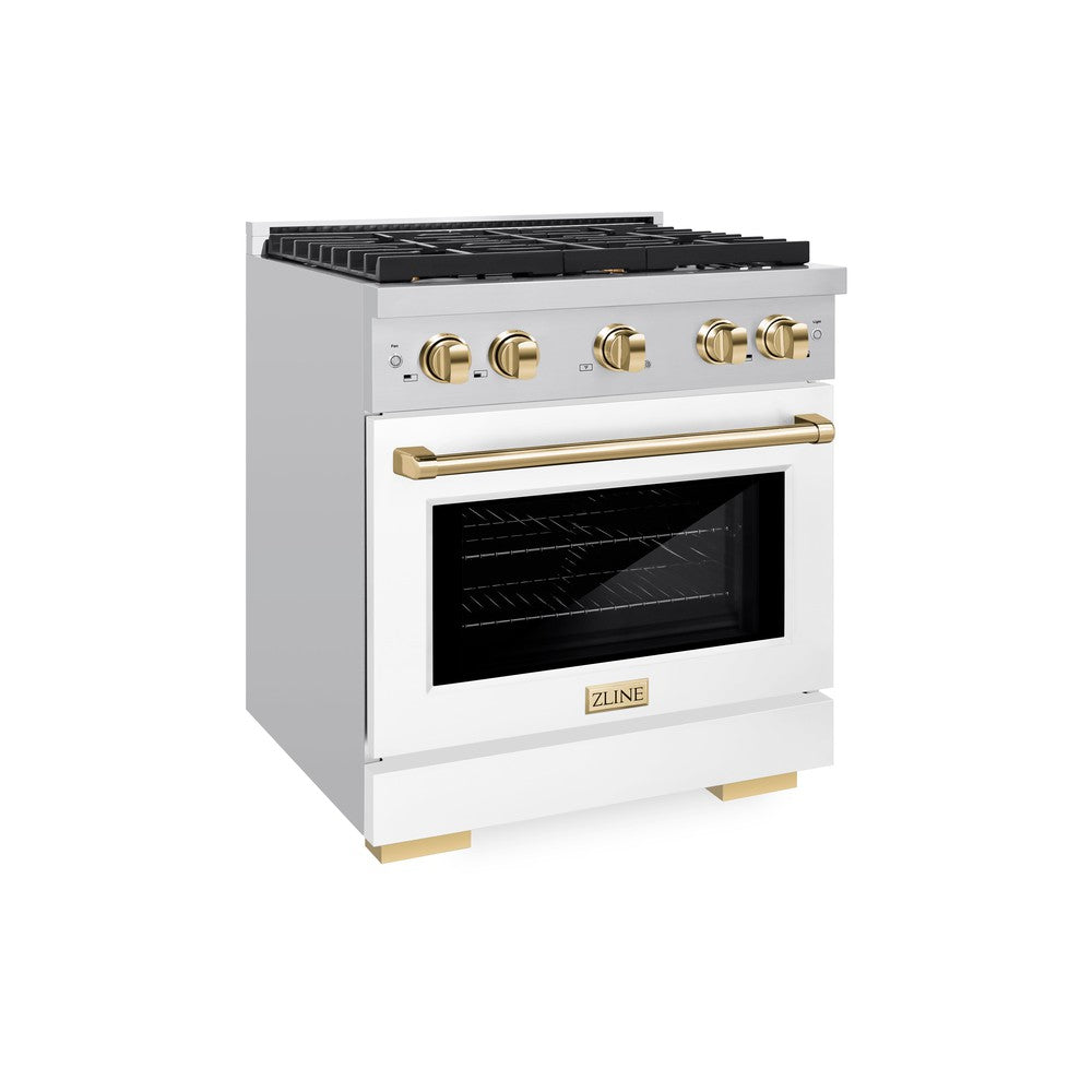 ZLINE Autograph Edition 30 in. Paramount Dual Fuel Range, 4 Burner Gas Cooktop, 4.2 cu. ft. Electric Convection Oven, White Matte Door with Polished Gold Accents (SDRZ-WM-30-G)