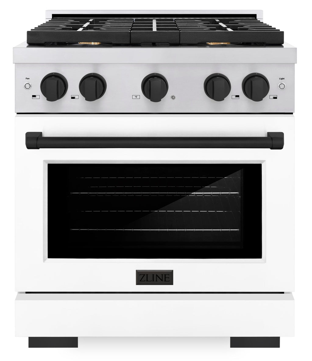 ZLINE Autograph Edition 30 in. Paramount Dual Fuel Range 4.2 cu. ft. with 4 Burner Gas Cooktop, Electric Convection Oven, White Matte Door & Matte Black Accents (SDRZ-WM-30-MB)