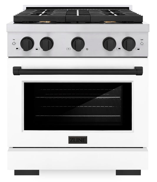 ZLINE Autograph Edition 30 in. Paramount Dual Fuel Range 4.2 cu. ft. with 4 Burner Gas Cooktop, Electric Convection Oven, White Matte Door & Matte Black Accents (SDRZ-WM-30-MB)