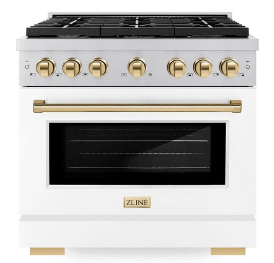 ZLINE Autograph Edition 36 in. 5.2 cu. ft. Paramount Dual Fuel Range with 6 Burner Gas Cooktop and Electric Convection Oven in Stainless Steel with White Matte Door and Polished Gold Accents (SDRZ-WM-36-G)