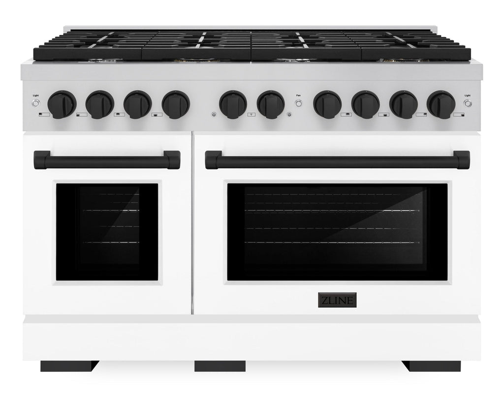 ZLINE Autograph Edition 48 in. Paramount Double Oven Dual Fuel Range with 8 Gas Burners, White Matte Doors and Matte Black Accents, 6.7 cu. ft., SDRZ-WM-48-MB