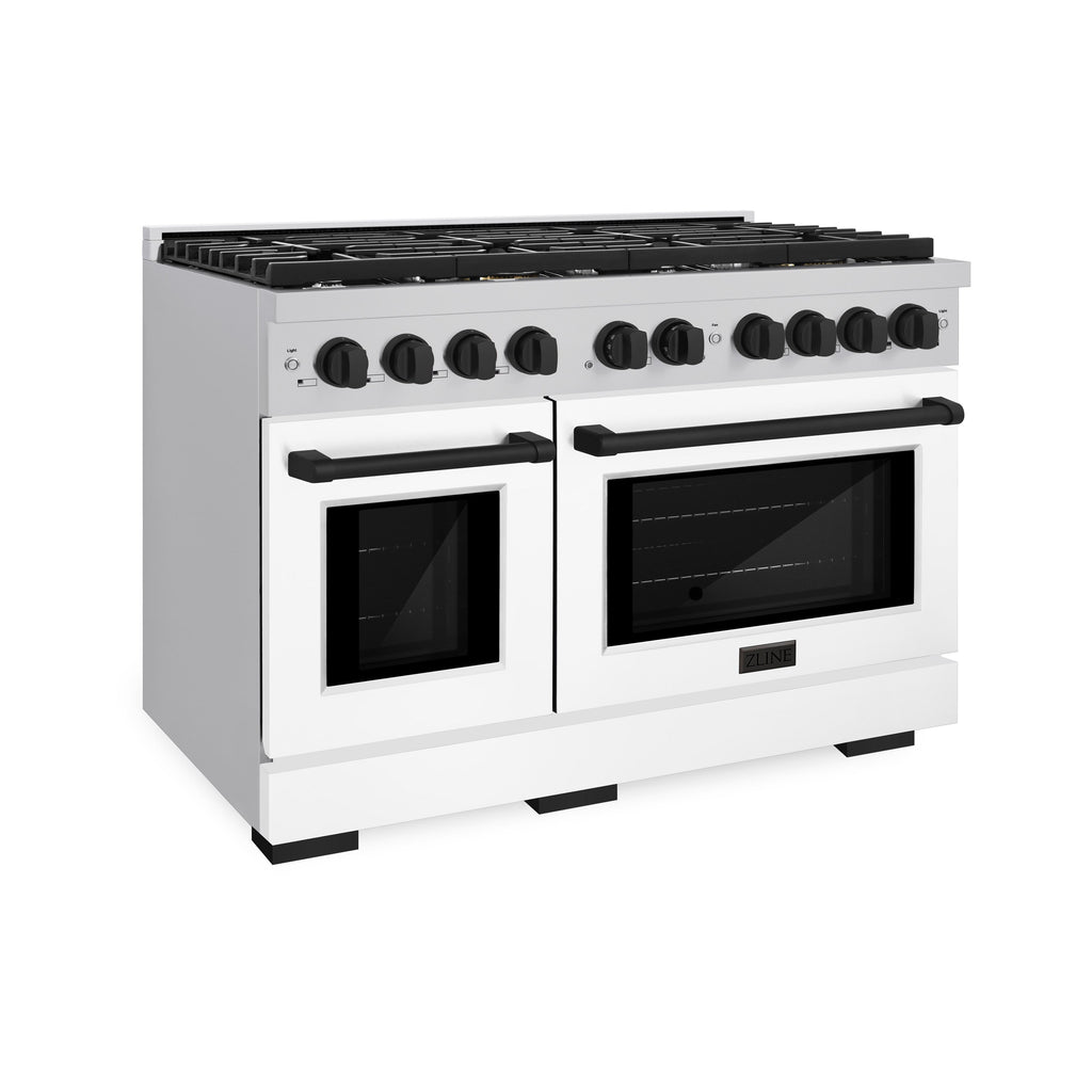 ZLINE Autograph Edition 48 in. Paramount Double Oven Dual Fuel Range with 8 Gas Burners, White Matte Doors and Matte Black Accents, 6.7 cu. ft., SDRZ-WM-48-MB