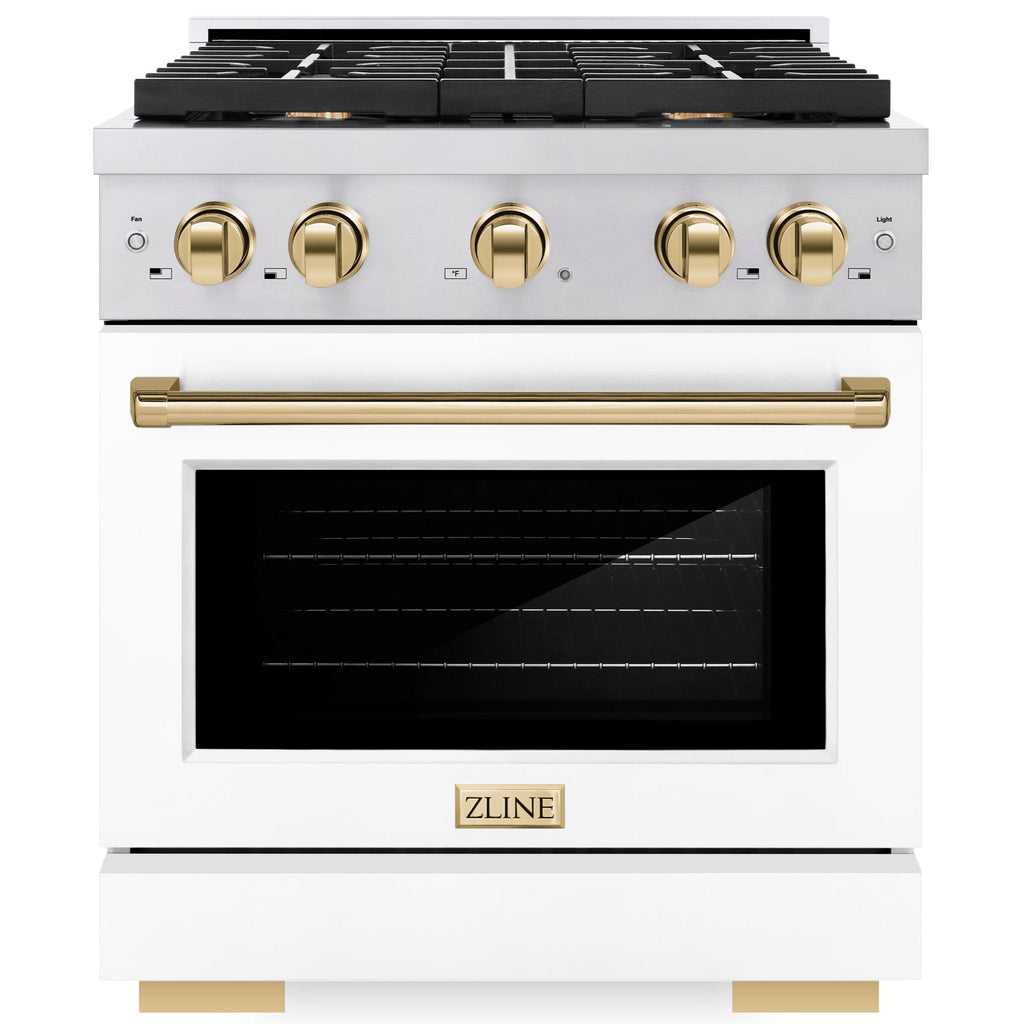 ZLINE Autograph 30 in. 4.2 cu. ft. Paramount Gas Range with Convection Gas Oven, Stainless Steel with White Matte Door and Gold Accents (SGRZ-WM-30-G)