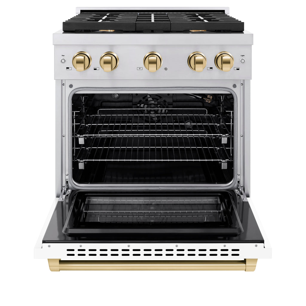 ZLINE Autograph 30 in. 4.2 cu. ft. Paramount Gas Range with Convection Gas Oven, Stainless Steel with White Matte Door and Gold Accents (SGRZ-WM-30-G)