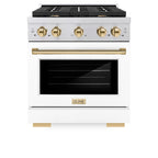 ZLINE Autograph Package - 30 In. Gas Range, Range Hood, Dishwasher in White Matte with Gold Accents, 3AKP-RGWMRHDWM30-G