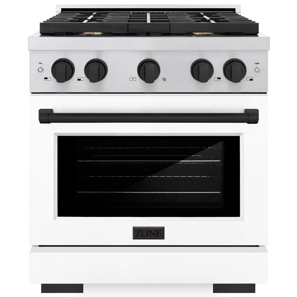 ZLINE Autograph 30 in. 4.2 cu. ft. Paramount Gas Range with Convection Oven, Stainless Steel with White Matte Door and Matte Black Accents (SGRZ-WM-30-MB)