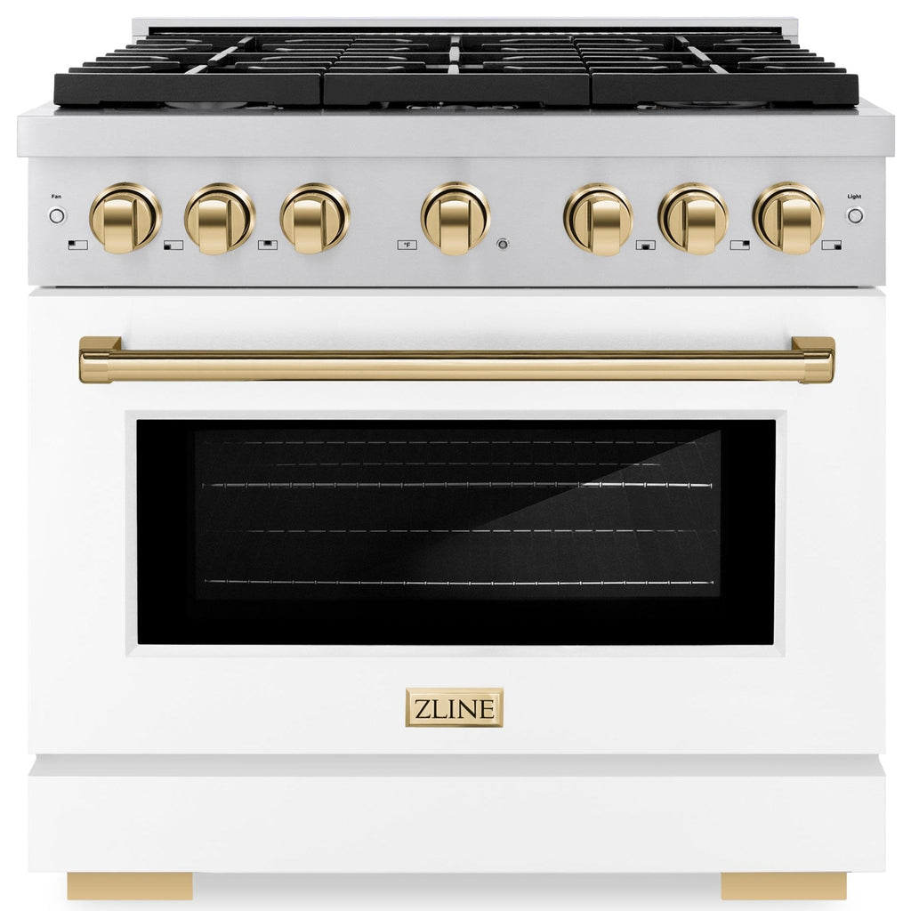 ZLINE Autograph Edition 36 in. 5.2 cu. ft. Paramount Gas Range with 6 Burners and Convection Gas Oven in Stainless Steel with White Matte Door and Gold Accents (SGRZ-WM-36-G)
