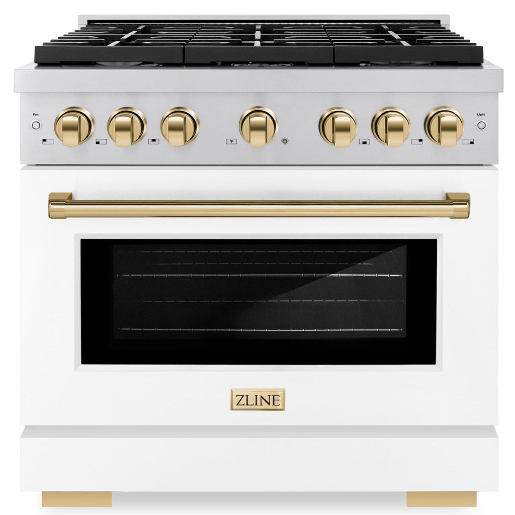 ZLINE Autograph 36 in. 5.2 cu. ft. Paramount Gas Range with 6 Burners and Convection Gas Oven in Stainless Steel with White Matte Door and Champagne Bronze Accents (SGRZ-WM-36-CB)