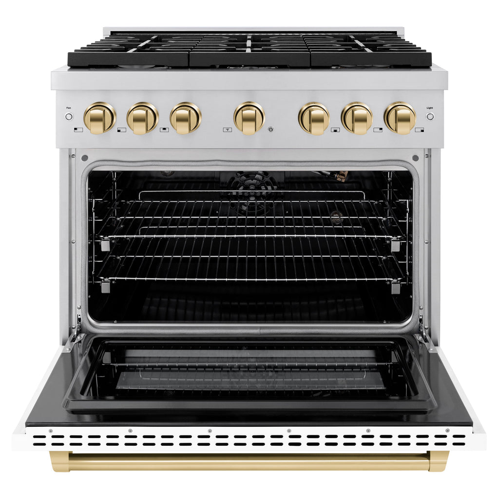 ZLINE Autograph Edition 36 in. 5.2 cu. ft. Paramount Gas Range with 6 Burners and Convection Gas Oven in Stainless Steel with White Matte Door and Gold Accents (SGRZ-WM-36-G)