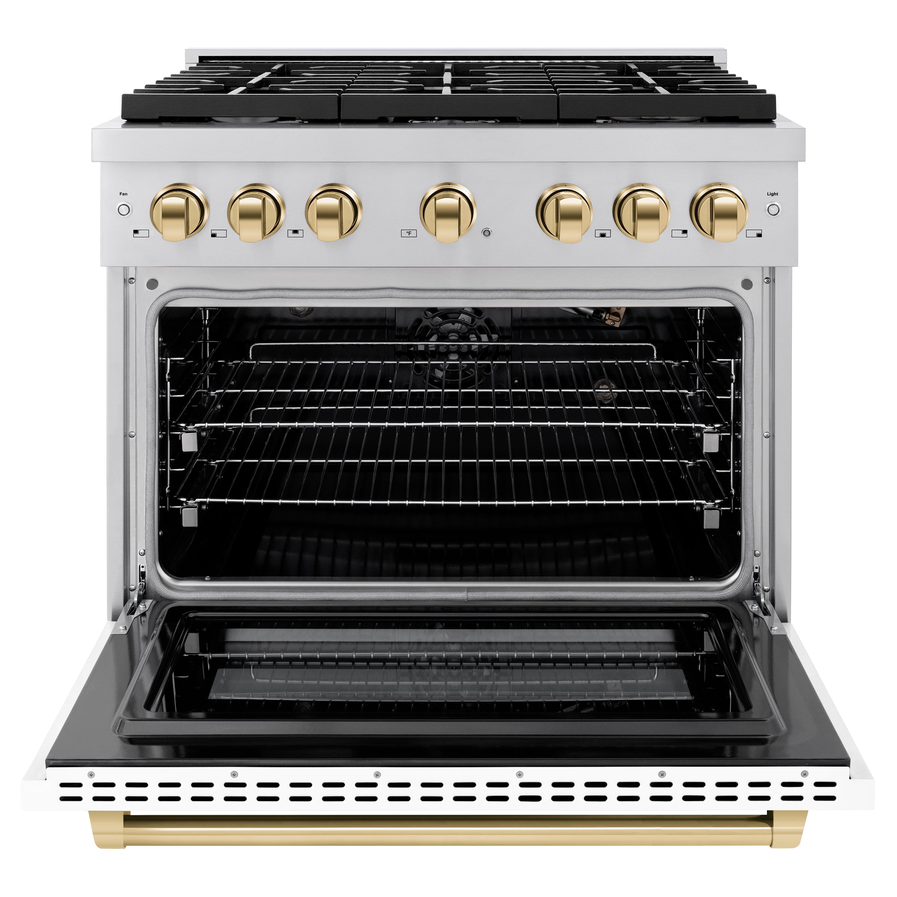 ZLINE Autograph Edition 36 in. 5.2 cu. ft. Paramount Gas Range with 6 Burners and Convection Gas Oven in Stainless Steel with White Matte Door and Gold Accents (SGRZ-WM-36-G)