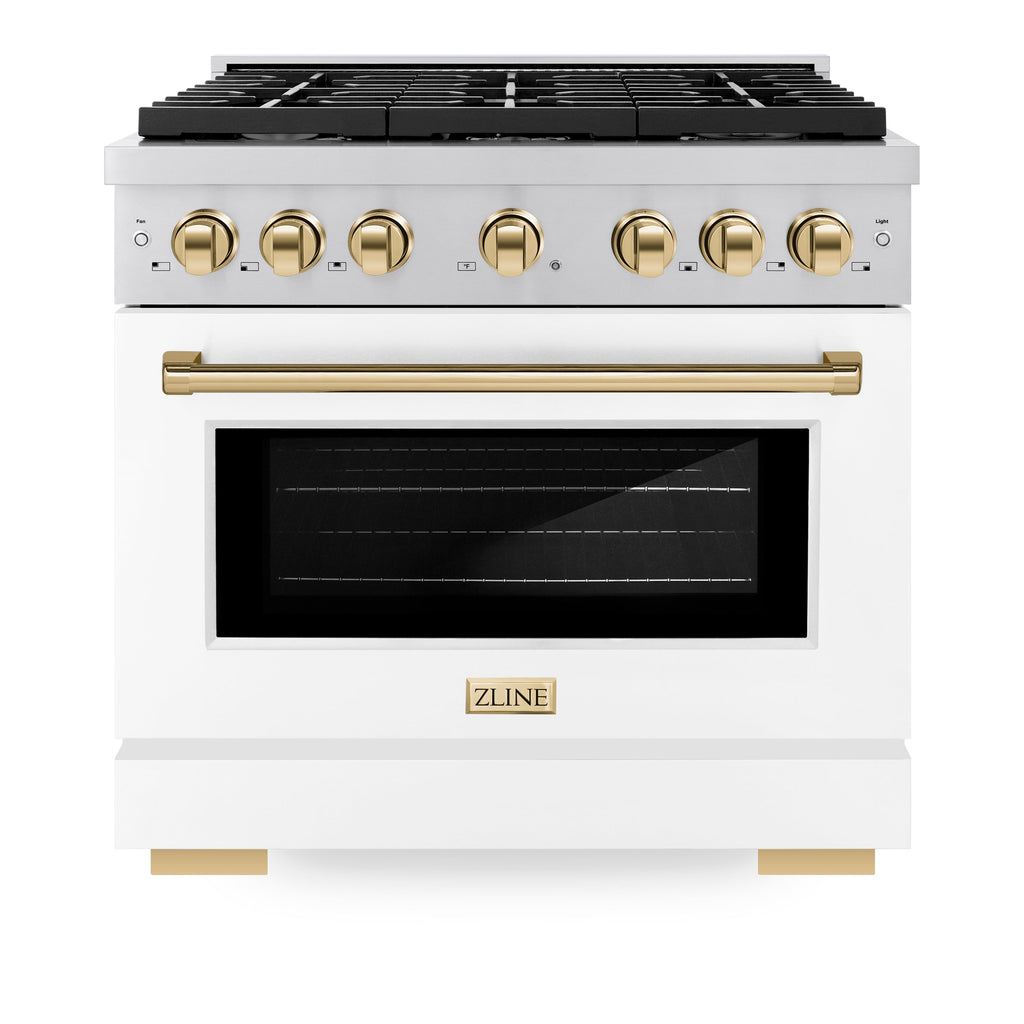 ZLINE Autograph 36 in. 5.2 cu. ft. Paramount Gas Range with 6 Burners and Convection Gas Oven in Stainless Steel with White Matte Door and Champagne Bronze Accents (SGRZ-WM-36-CB)