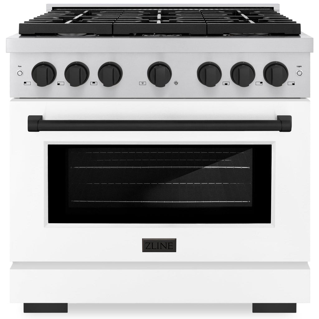 ZLINE Autograph Paramount 36 in. 5.2 cu. ft. Gas Range with Convection Gas Oven, 6 Burners, Stainless Steel with White Matte Door and Matte Black Accents (SGRZ-WM-36-MB)