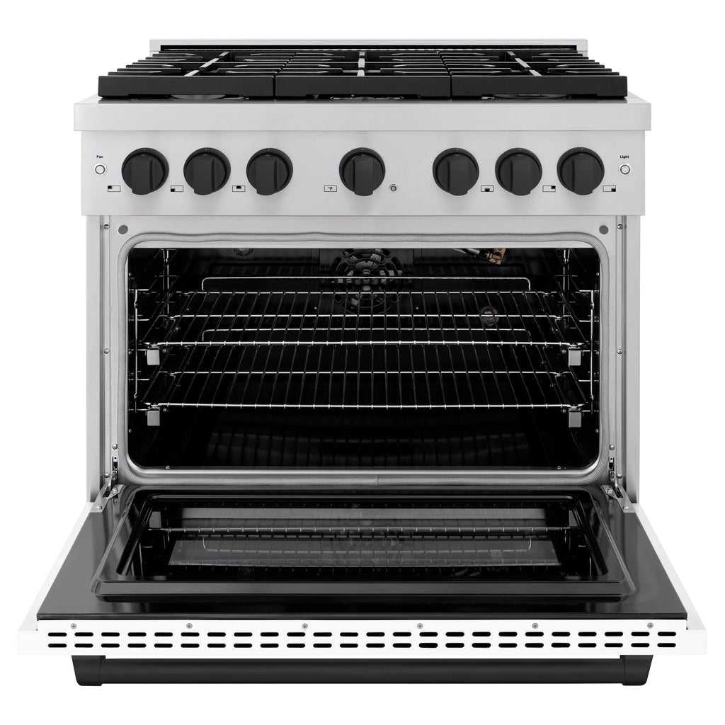 ZLINE Autograph Paramount 36 in. 5.2 cu. ft. Gas Range with Convection Gas Oven, 6 Burners, Stainless Steel with White Matte Door and Matte Black Accents (SGRZ-WM-36-MB)