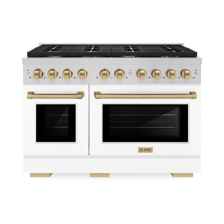 ZLINE Autograph Package - 48" Gas Range, Range Hood, and Dishwasher in White Matte and Satin Stainless Steel with Bronze Accents, 3AKPR-RASWMRHDWM48-CB, 3AKPR-RGSWMRHDWM48-CB