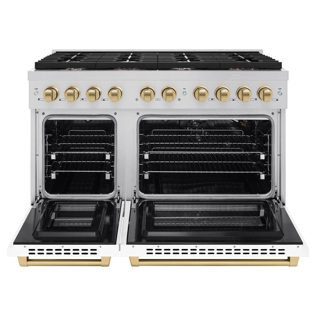 ZLINE Autograph 48 in. 6.7 cu. ft. Paramount Double Oven Gas Range with 8 Burners, Stainless Steel with White Matte Doors and Champagne Bronze Accents (SGRZ-WM-48-CB)