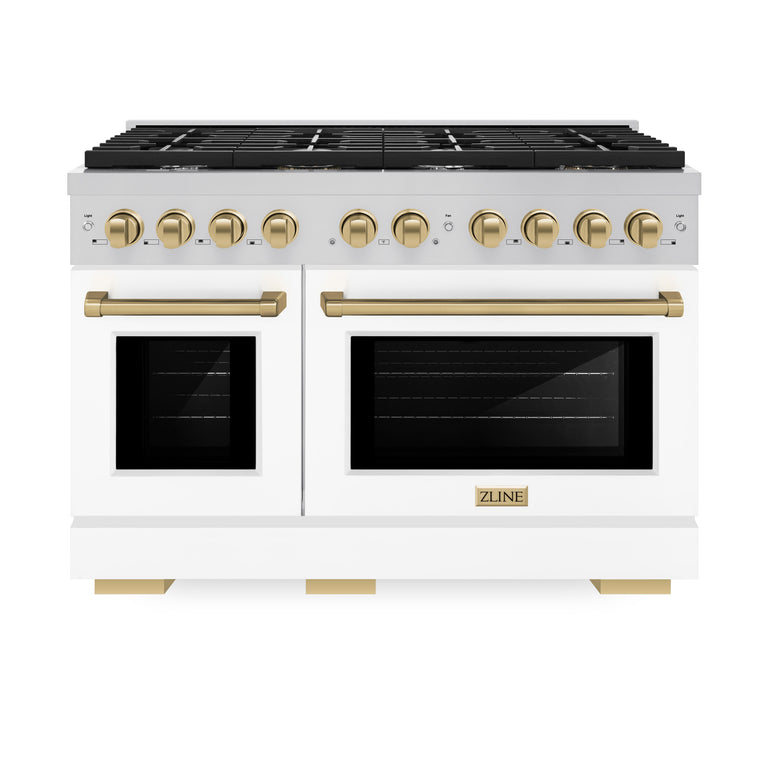 ZLINE Autograph Package - 48" Gas Range, Range Hood, and Dishwasher in White Matte and Satin Stainless Steel with Bronze Accents, 3AKPR-RASWMRHDWM48-CB, 3AKPR-RGSWMRHDWM48-CB