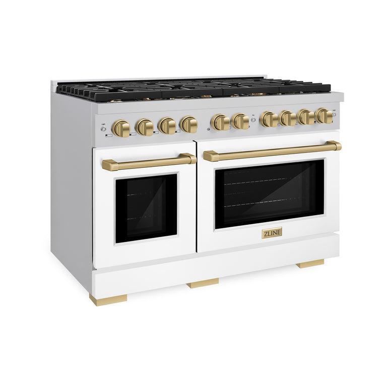 ZLINE Autograph Package - 48" Gas Range, Range Hood, and Dishwasher in White Matte and Satin Stainless Steel with Bronze Accents, 3AKPR-RASWMRHDWM48-CB, 3AKPR-RGSWMRHDWM48-CB