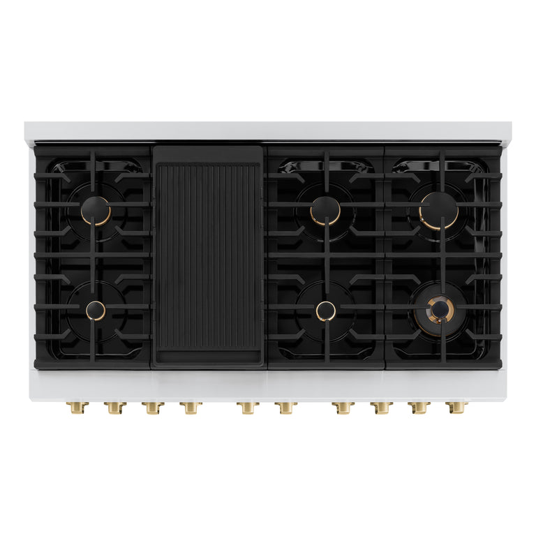 ZLINE Autograph Package - 48" Gas Range and Range Hood in Satin Stainless Steel, White Matte, Bronze Accents