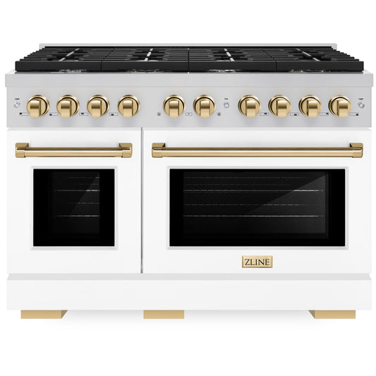 ZLINE Autograph Edition 48" Paramount Gas Range with Dual Ovens, 6.7 cu. ft., Stainless Steel with White Matte Doors & Gold Accents (SGRZ-WM-48-G)