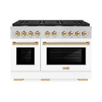 ZLINE Autograph Package - 48" Gas Range, Range Hood, and Dishwasher in White Matte and Satin Stainless Steel with Gold Accents, 3AKPR-RGSWMRHDWM48-G