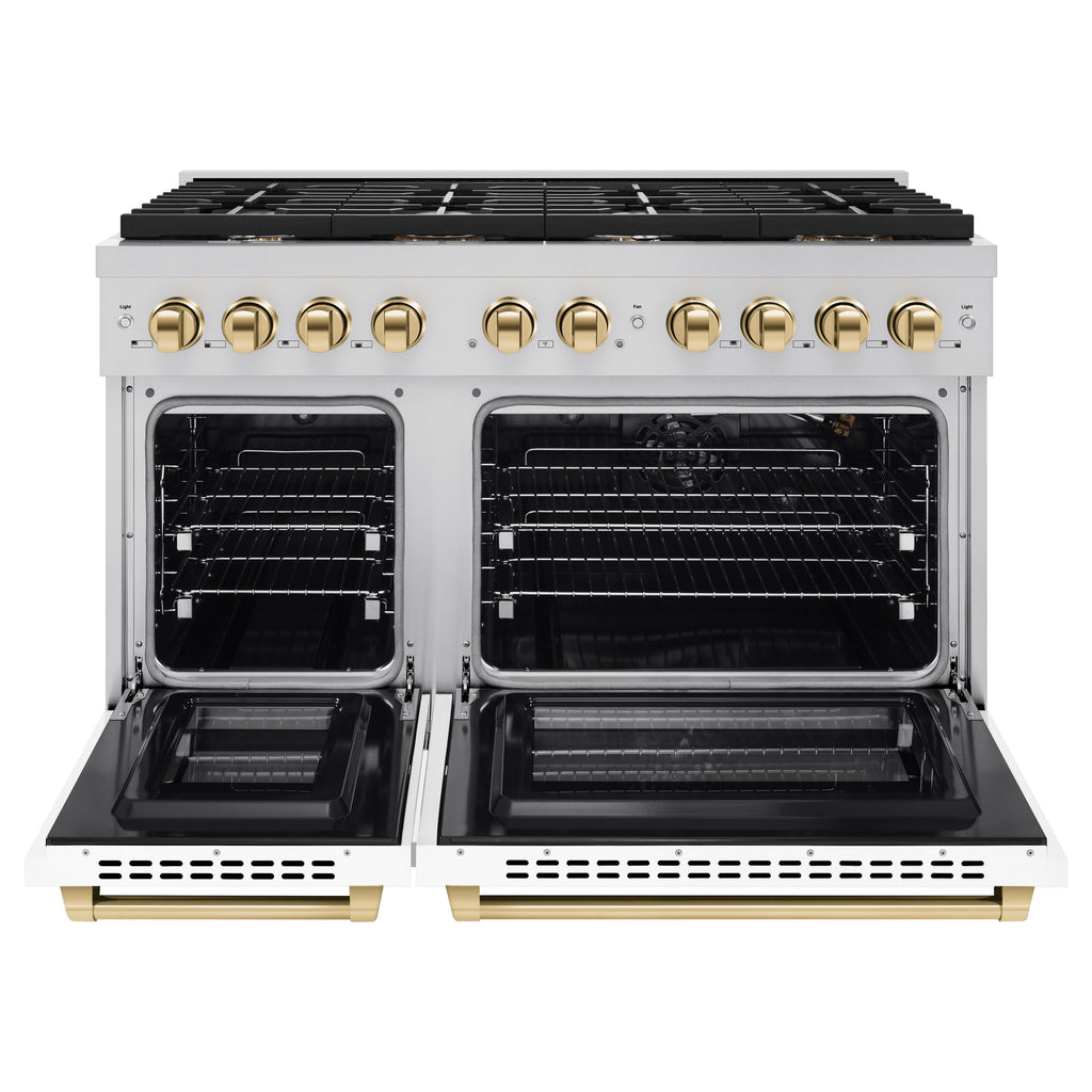 ZLINE Autograph Edition 48" Paramount Gas Range with Dual Ovens, 6.7 cu. ft., Stainless Steel with White Matte Doors & Gold Accents (SGRZ-WM-48-G)