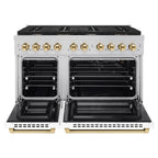ZLINE Autograph Package - 48" Gas Range, Range Hood, and Dishwasher in White Matte and Satin Stainless Steel with Gold Accents, 3AKPR-RGSWMRHDWM48-G