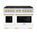 ZLINE Autograph Package - 48" Gas Range, Range Hood, and Dishwasher in White Matte and Satin Stainless Steel with Gold Accents, 3AKPR-RGSWMRHDWM48-G