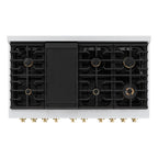 ZLINE Autograph Package - 48" Gas Range, Range Hood, and Dishwasher in White Matte and Satin Stainless Steel with Gold Accents, 3AKPR-RGSWMRHDWM48-G