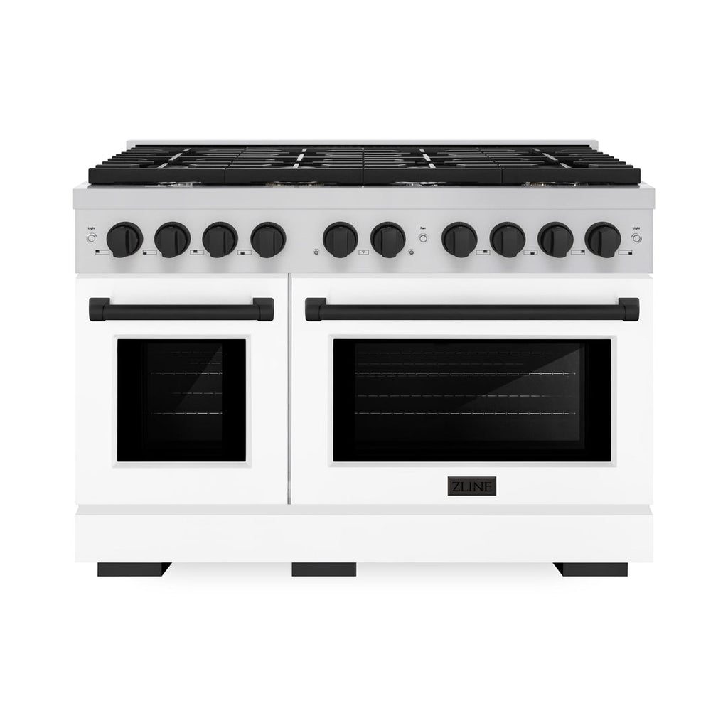 ZLINE Autograph 48" Double Oven Gas Range, 6.7 cu. ft., Stainless Steel with White Matte Doors and Matte Black Accents (SGRZ-WM-48-MB)
