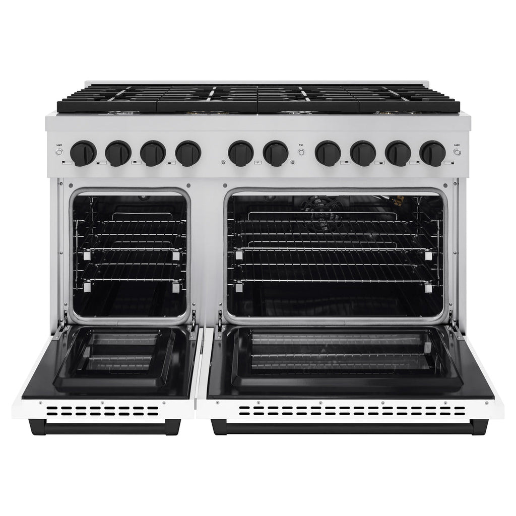 ZLINE Autograph 48" Double Oven Gas Range, 6.7 cu. ft., Stainless Steel with White Matte Doors and Matte Black Accents (SGRZ-WM-48-MB)
