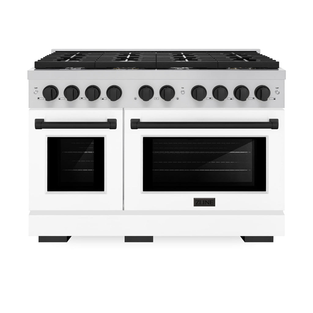 ZLINE Autograph 48" Double Oven Gas Range, 6.7 cu. ft., Stainless Steel with White Matte Doors and Matte Black Accents (SGRZ-WM-48-MB)