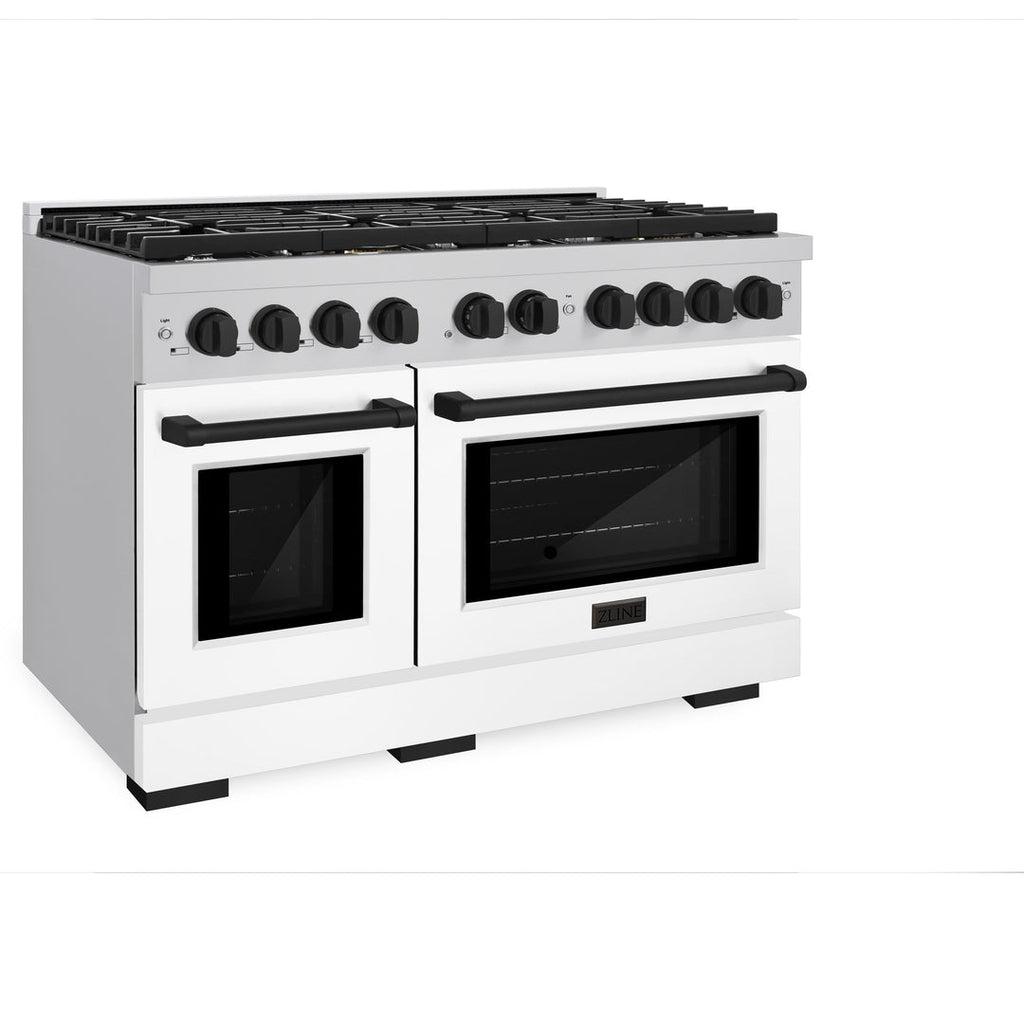 ZLINE Autograph 48" Double Oven Gas Range, 6.7 cu. ft., Stainless Steel with White Matte Doors and Matte Black Accents (SGRZ-WM-48-MB)