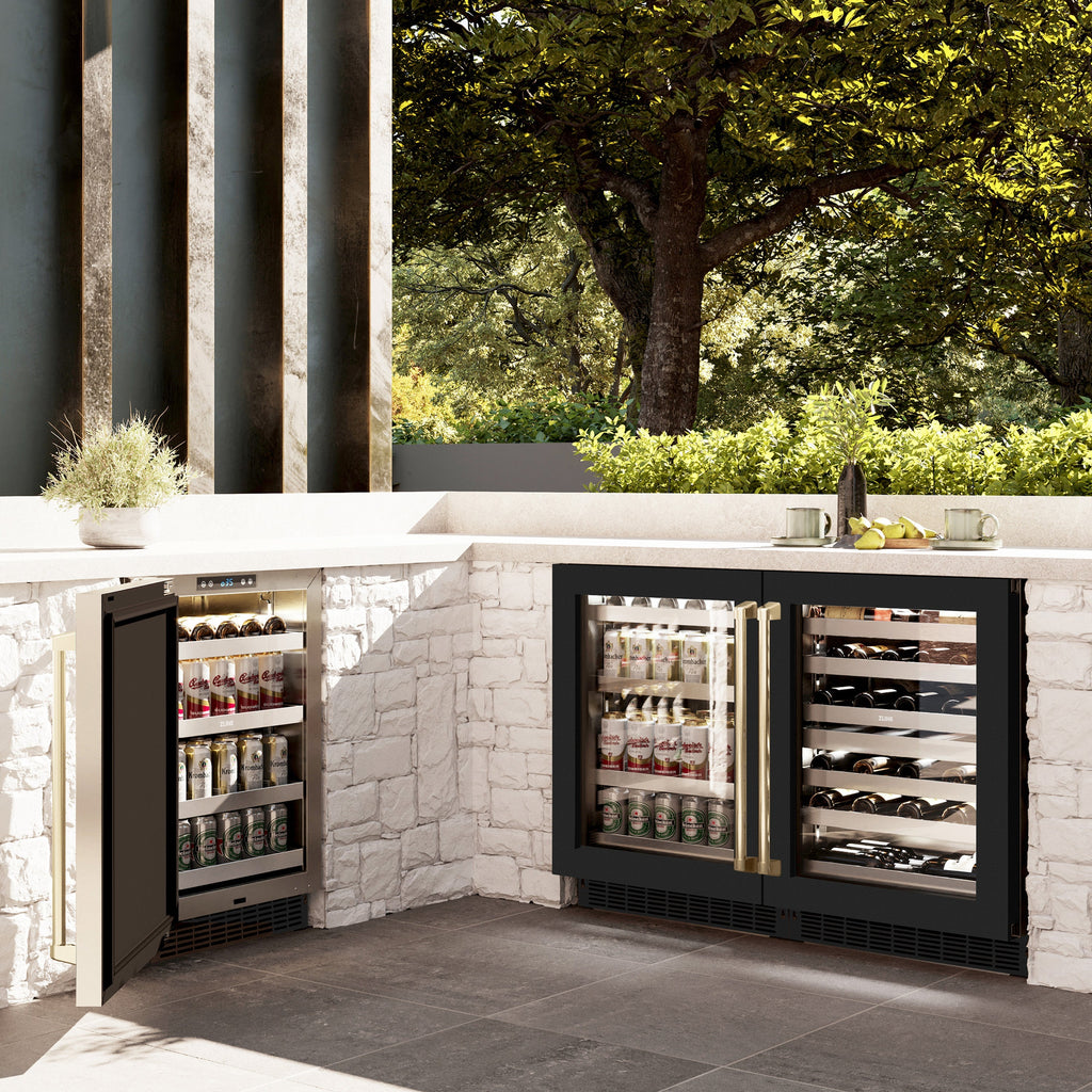 ZLINE Autograph 24" Touchstone 151 Can Beverage Fridge with Black Matte Glass Door and Champagne Bronze Handle, RBSOZ-BLM-24-CB