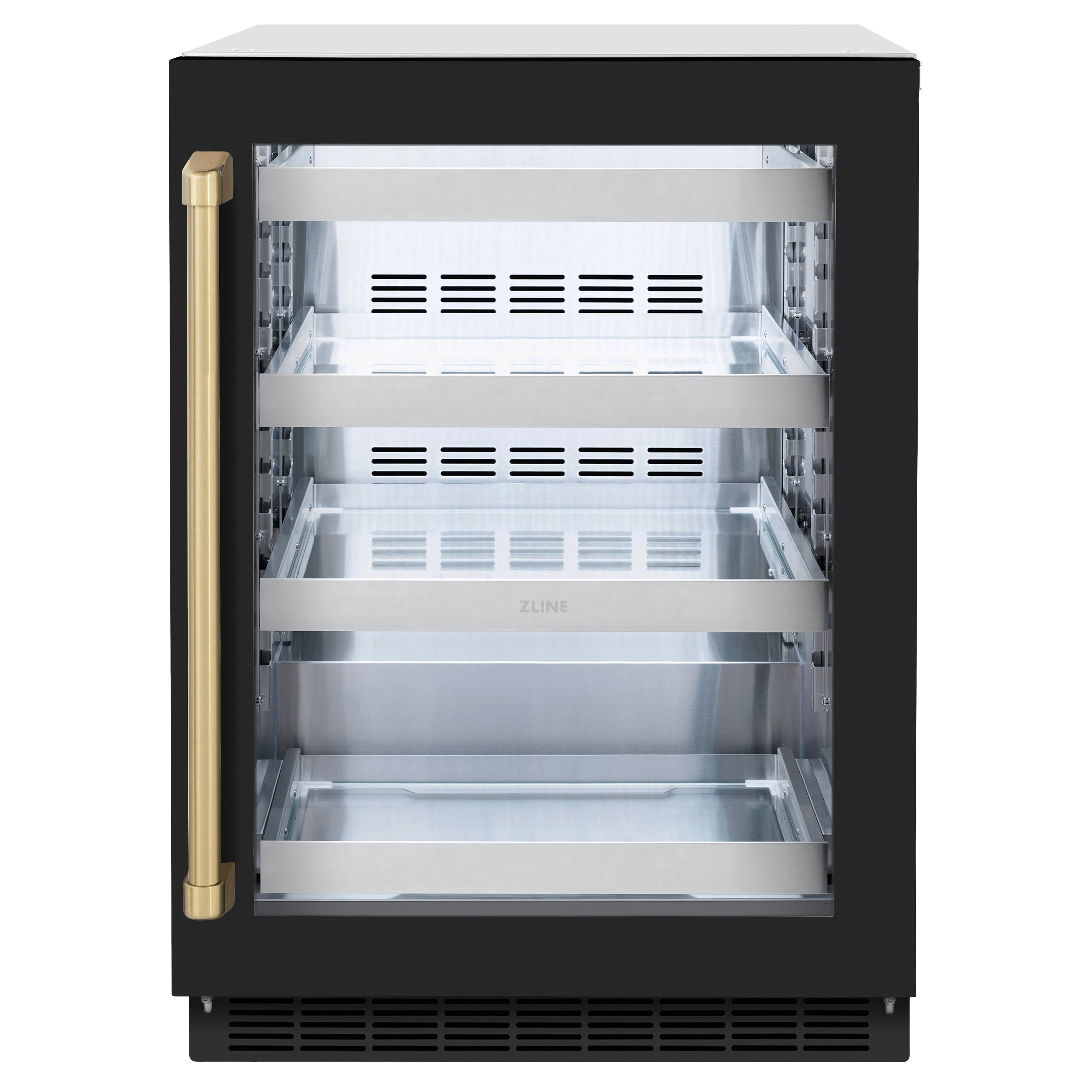 ZLINE Autograph 24" Touchstone 151 Can Beverage Fridge with Black Matte Glass Door and Champagne Bronze Handle, RBSOZ-BLM-24-CB