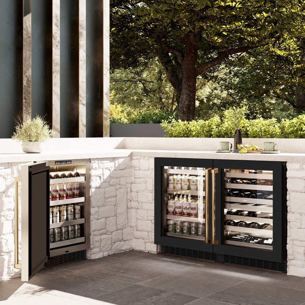 ZLINE Autograph 24" Touchstone Dual Zone 44 Bottle Wine Cooler with Black Matte Glass Door and Polished Gold Handle, RWDOZ-BLM-24-G