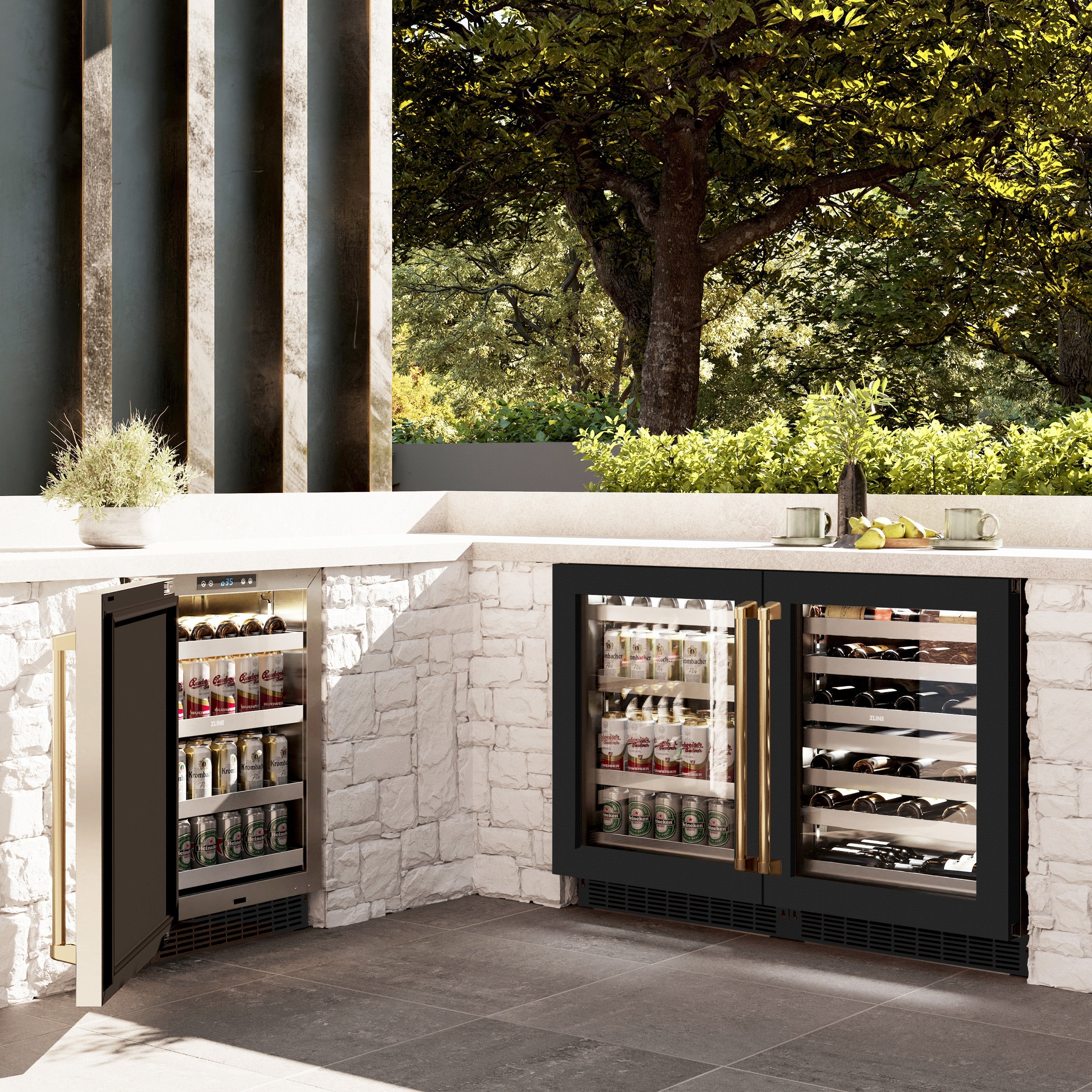 ZLINE Autograph 24" Touchstone Dual Zone 44 Bottle Wine Cooler with Black Matte Glass Door and Polished Gold Handle, RWDOZ-BLM-24-G