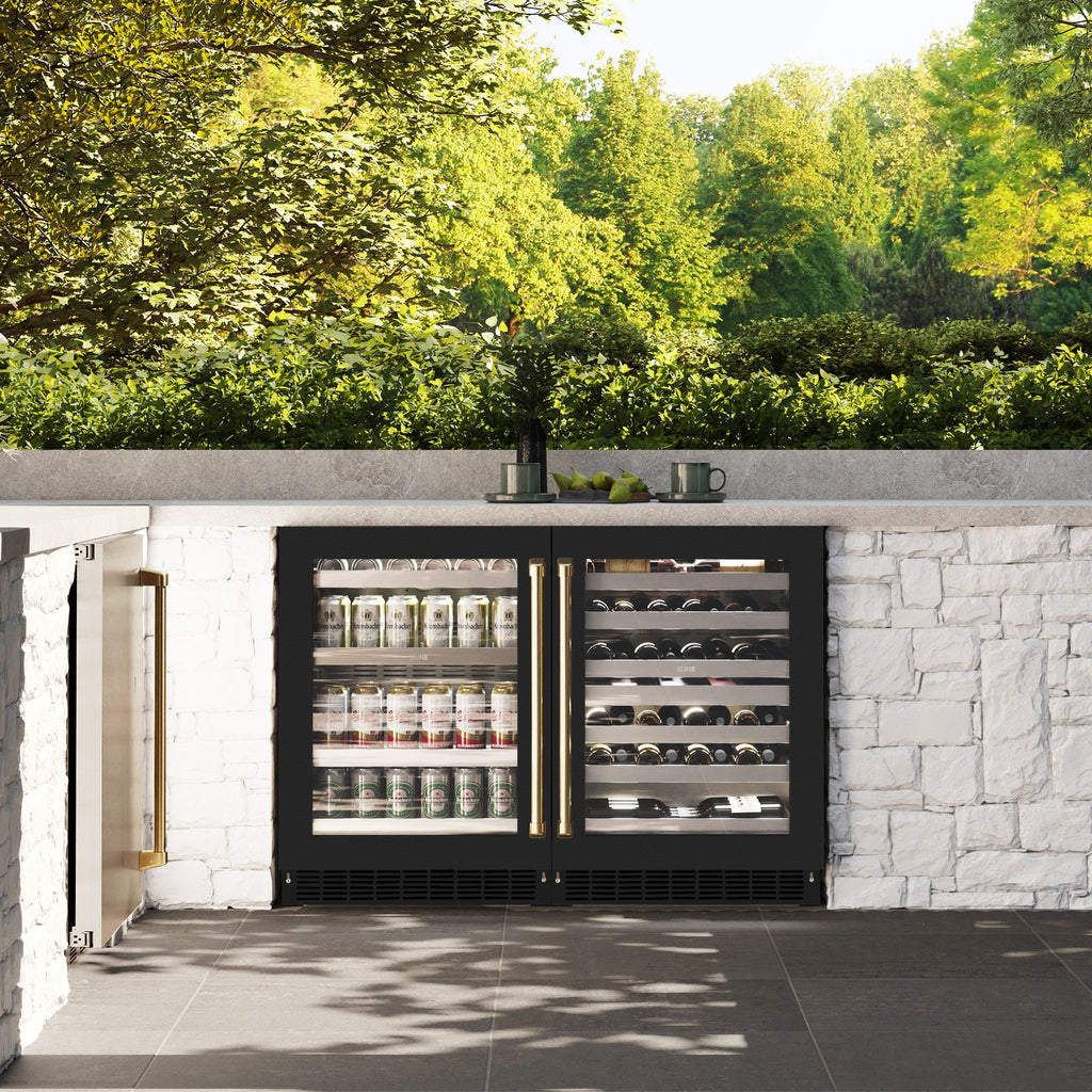 ZLINE Autograph 24" Touchstone Dual Zone 44 Bottle Wine Cooler with Black Matte Glass Door and Polished Gold Handle, RWDOZ-BLM-24-G