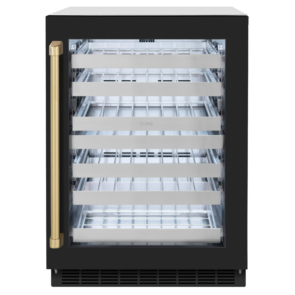 ZLINE Autograph 24" Touchstone Dual Zone 44 Bottle Wine Cooler with Black Matte Glass Door and Champagne Bronze Handle, RWDOZ-BLM-24-CB