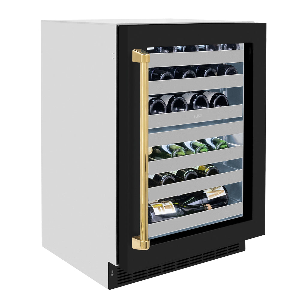 ZLINE Autograph 24" Touchstone Dual Zone 44 Bottle Wine Cooler with Black Matte Glass Door and Polished Gold Handle, RWDOZ-BLM-24-G