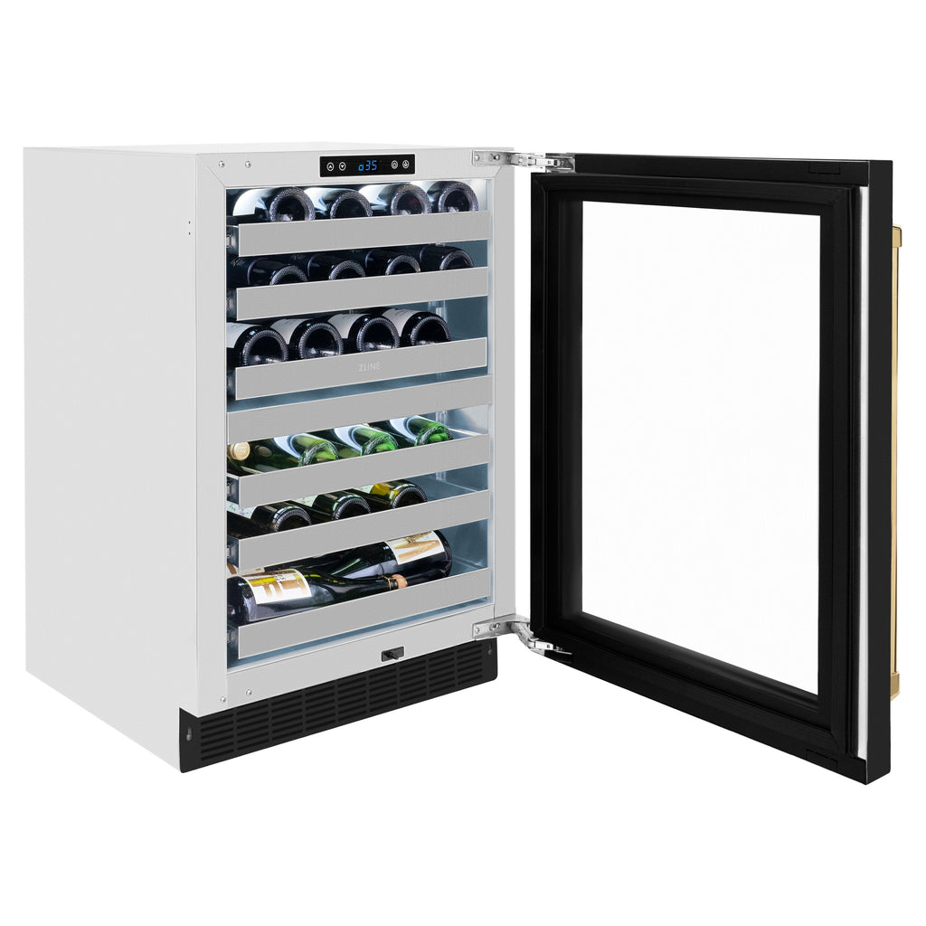 ZLINE Autograph 24" Touchstone Dual Zone 44 Bottle Wine Cooler with Black Matte Glass Door and Polished Gold Handle, RWDOZ-BLM-24-G