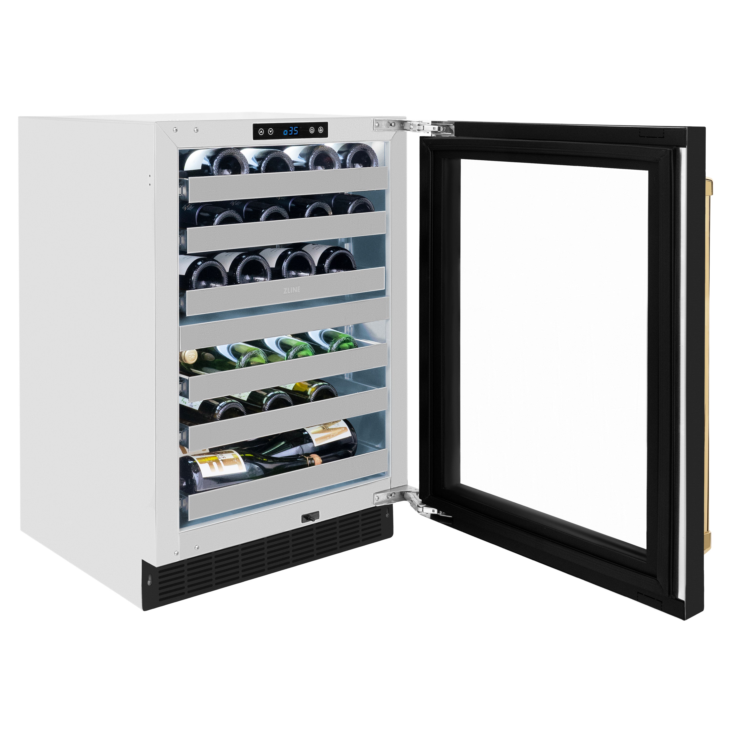 ZLINE Autograph 24" Touchstone Dual Zone 44 Bottle Wine Cooler with Black Matte Glass Door and Polished Gold Handle, RWDOZ-BLM-24-G