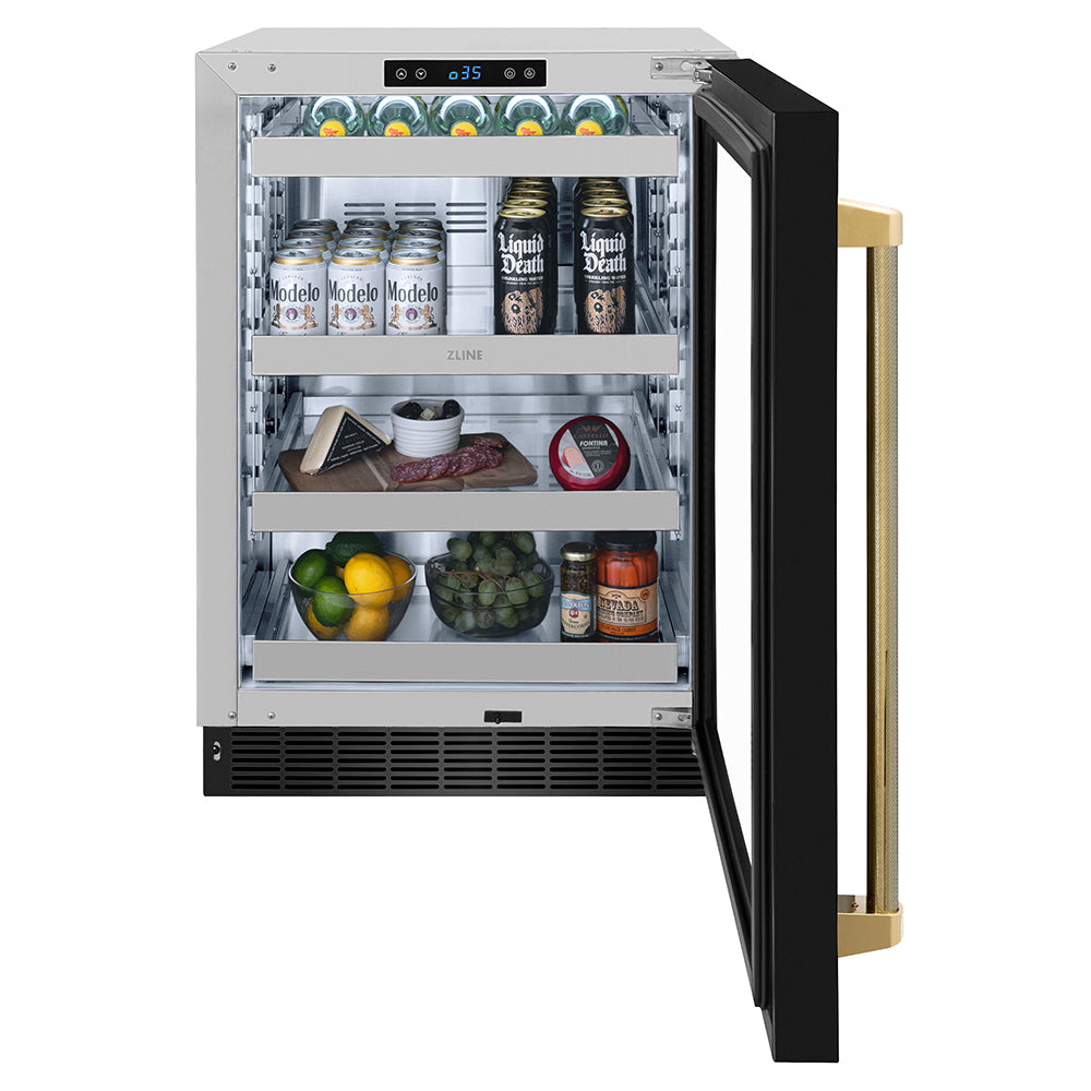 ZLINE Autograph 24" Touchstone 151 Can Beverage Fridge with Black Stainless Steel Glass Door and Polished Gold Helix Handle, RBSOZ-BS-24-KG