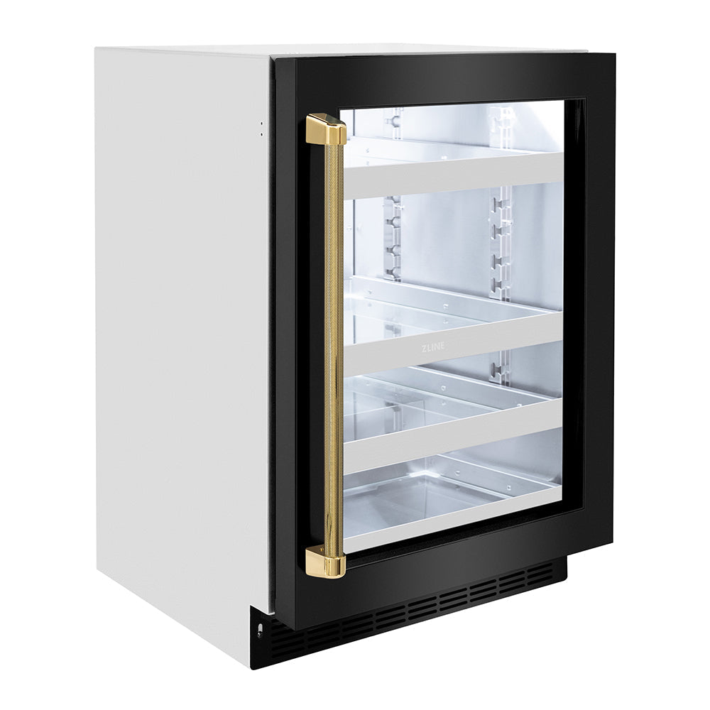 ZLINE Autograph 24" Touchstone 151 Can Beverage Fridge with Black Stainless Steel Glass Door and Polished Gold Helix Handle, RBSOZ-BS-24-KG