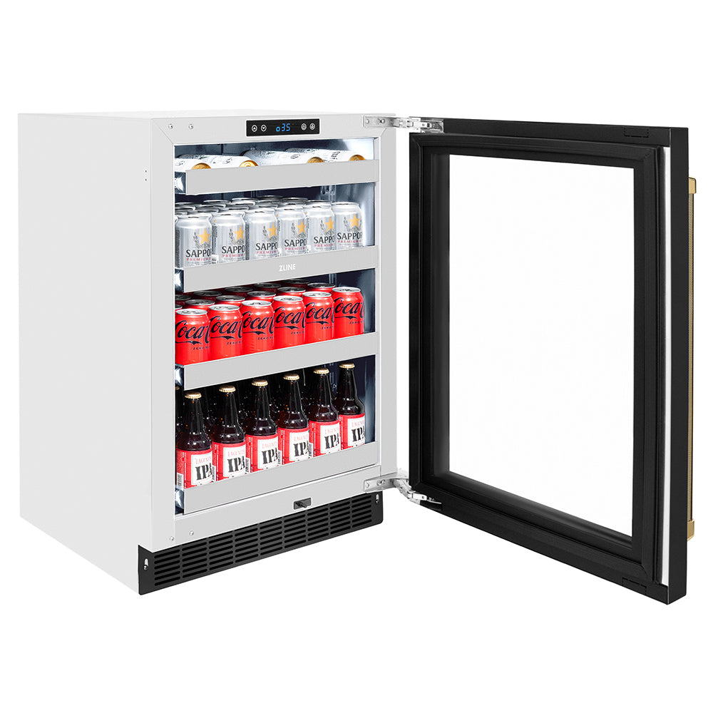 ZLINE Autograph 24" Touchstone 151 Can Beverage Fridge with Black Stainless Steel Glass Door and Polished Gold Helix Handle, RBSOZ-BS-24-KG