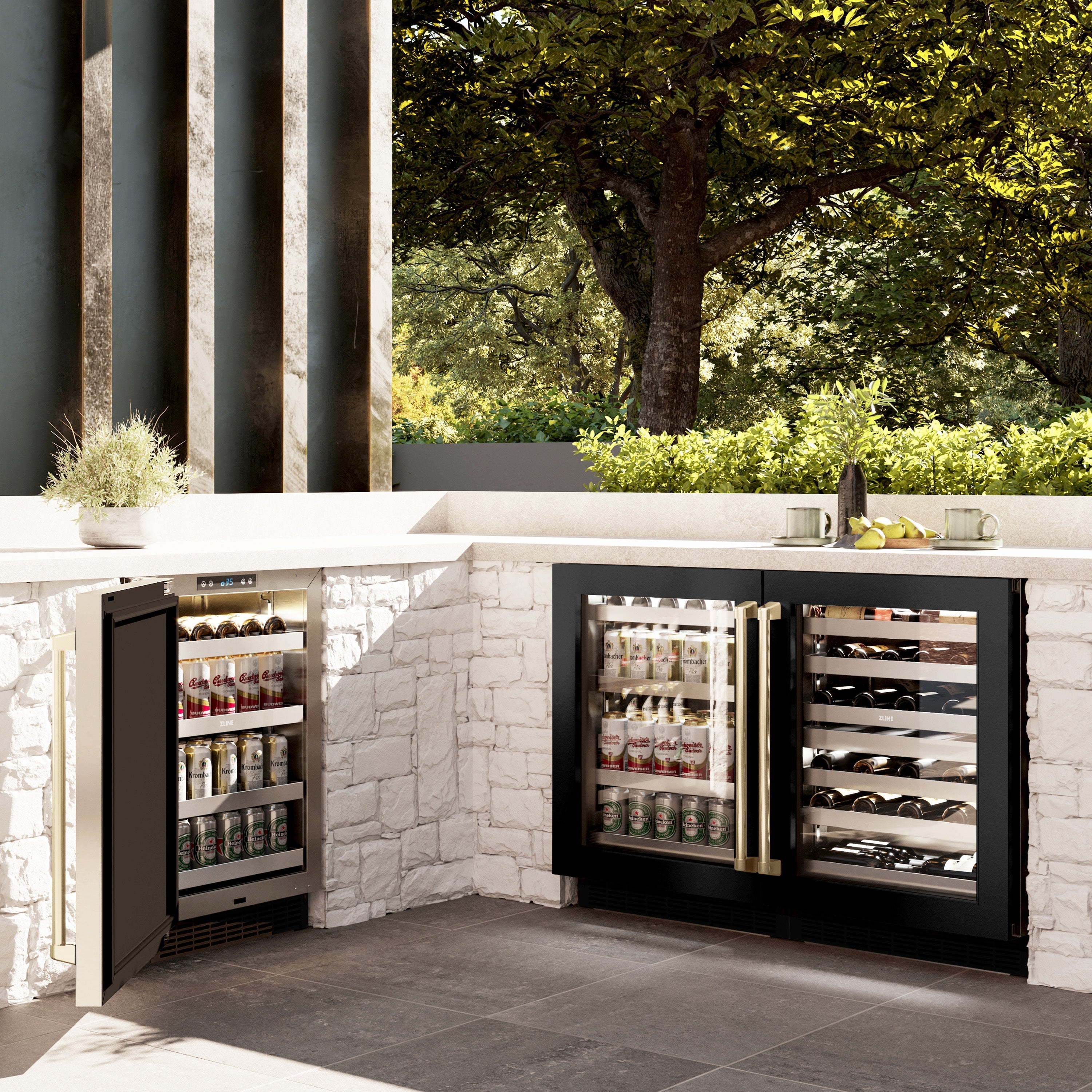 ZLINE Autograph 24" Touchstone Dual Zone 44 Bottle Wine Cooler with Black Stainless Steel Glass Door and Champagne Bronze Handle, RWDOZ-BS-24-CB