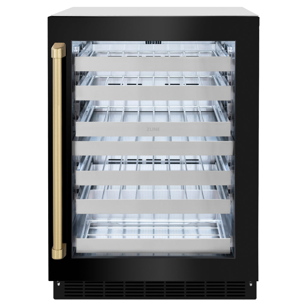 ZLINE Autograph 24" Touchstone Dual Zone 44 Bottle Wine Cooler with Black Stainless Steel Glass Door and Champagne Bronze Handle, RWDOZ-BS-24-CB