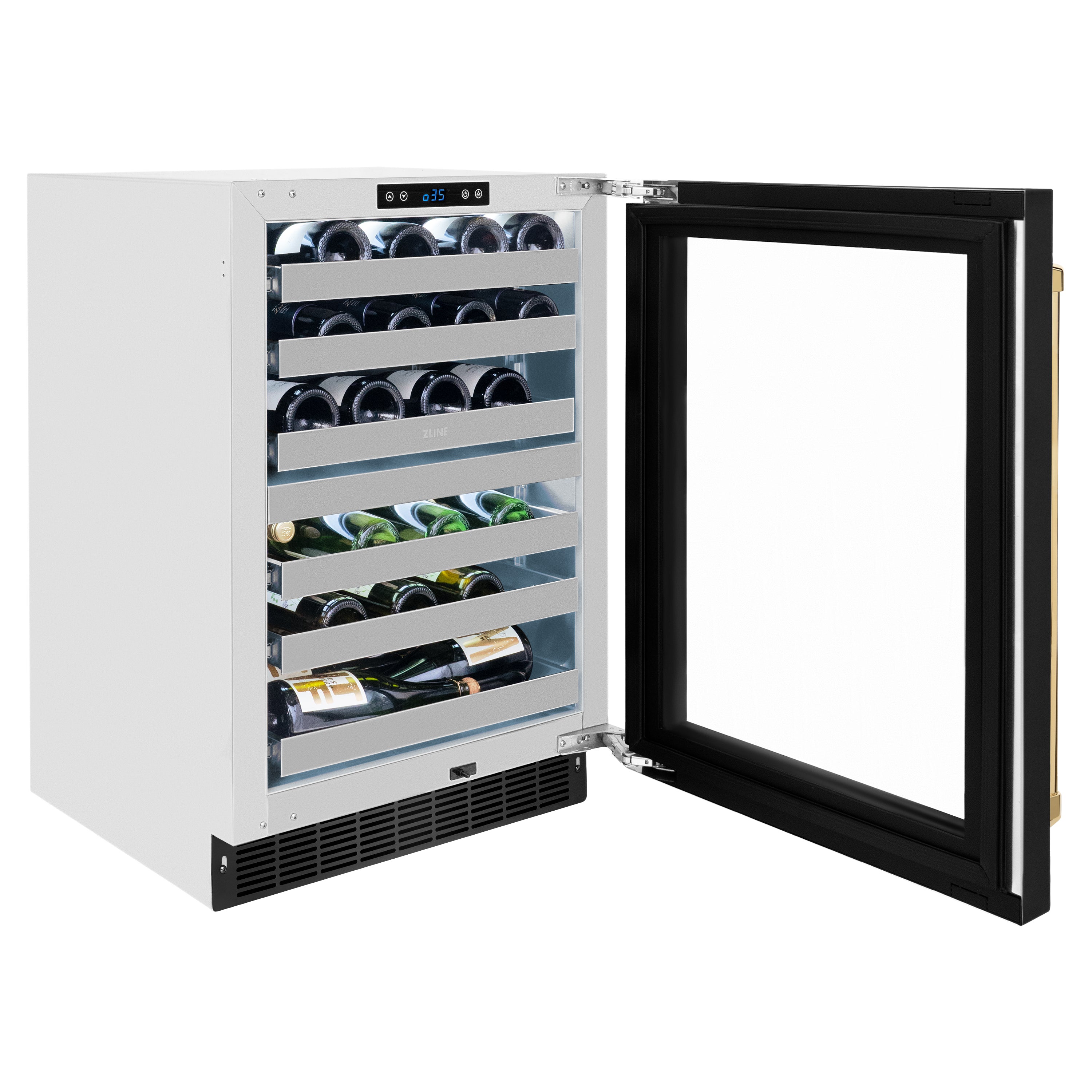 ZLINE Autograph 24" Touchstone Dual Zone 44 Bottle Wine Cooler with Black Stainless Steel Glass Door and Polished Gold Handle, RWDOZ-BS-24-G